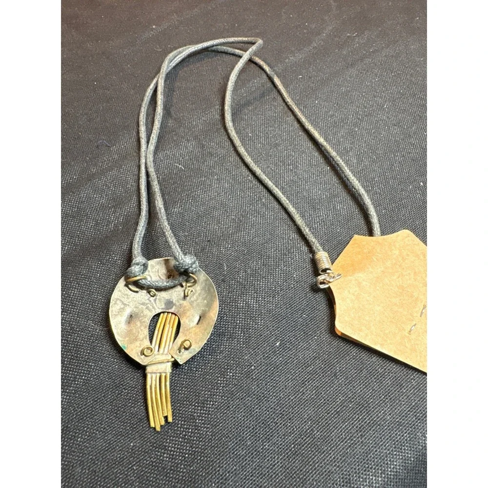 Unique Pendant Necklace Cord‎ Tie Boho Artisan Metal Brass Gold Tones